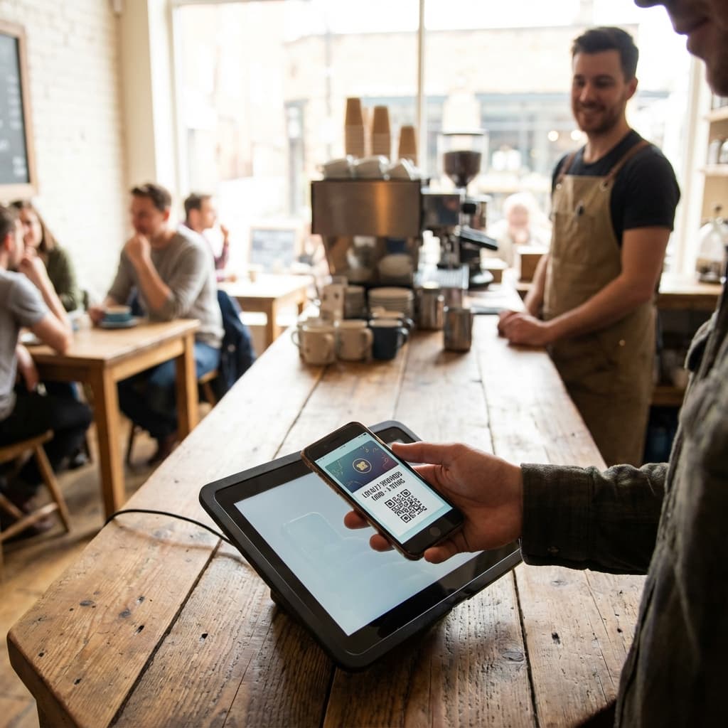 Customer scanning phone at cafe